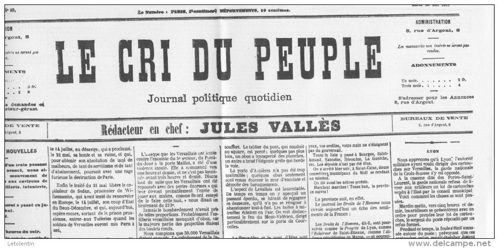 JOURNAL FAC-SIMILÉ  "LE CRI DU PEUPLE"   N° 83 DU 23 MAI 1871 - 1850 - 1899