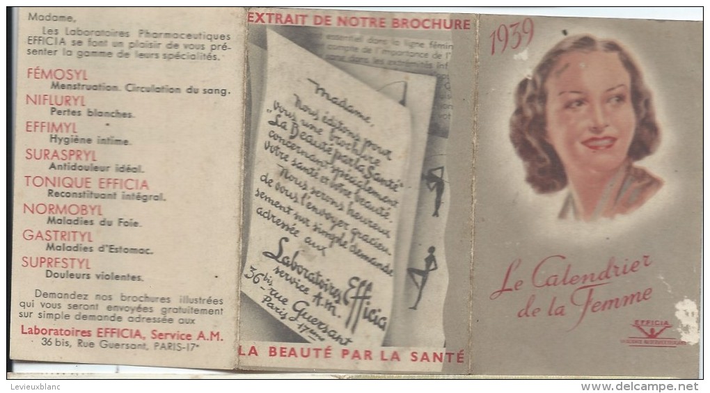 Petit Calendrier De Poche/Le Calendrier De La Femme /Fémosyl/Santé/Laboratoirespharmaceutiques Efficia/1939   CAL320 - Klein Formaat: 1921-40