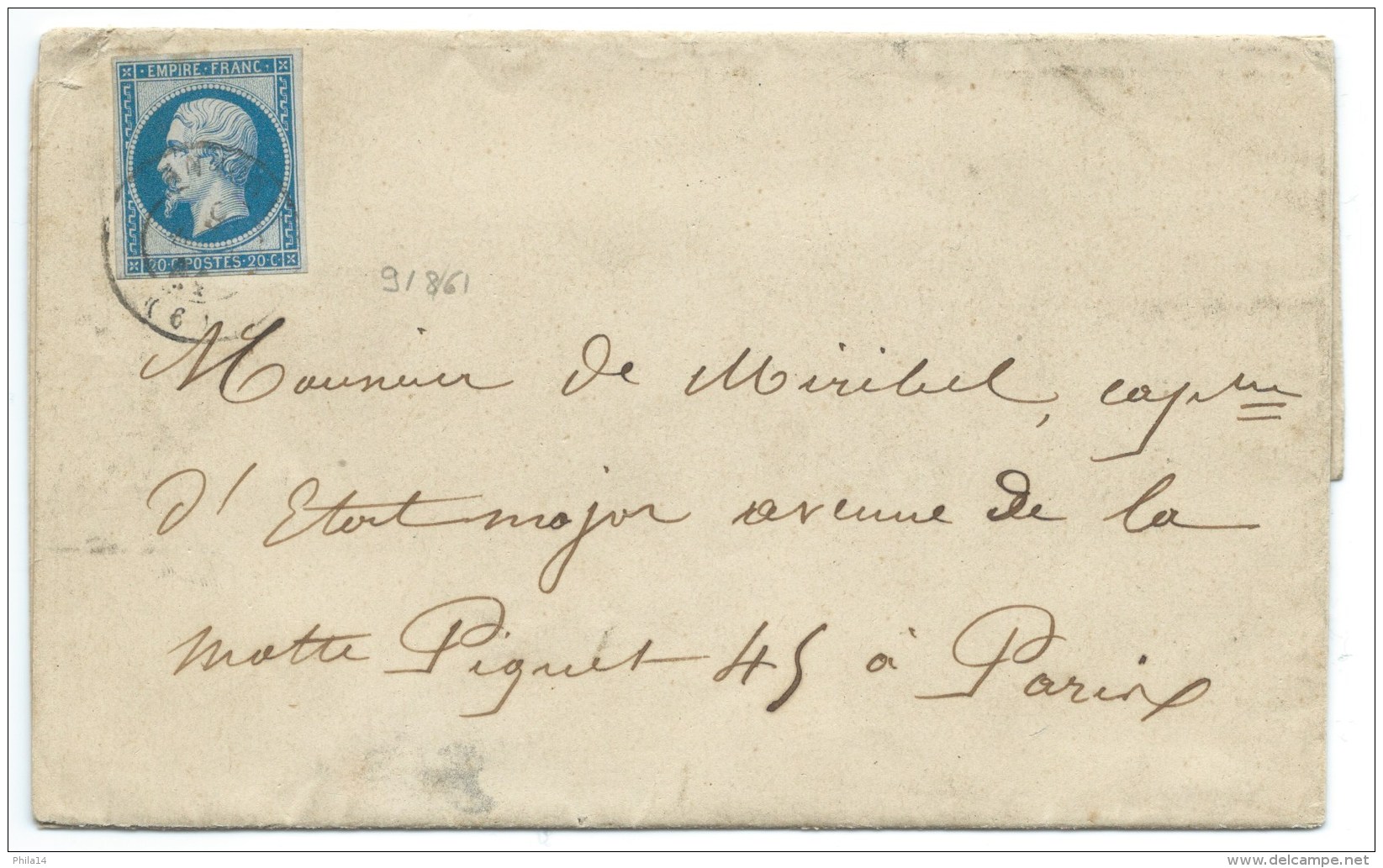 CAD SUR N° 14 BLEU NAPOLEON SUR LETTRE/ GRIOTIER ANNONAY ARDECHE POUR PARIS / 9 AOUT 1861 / FAIRE PART MARIAGE - 1849-1876: Période Classique