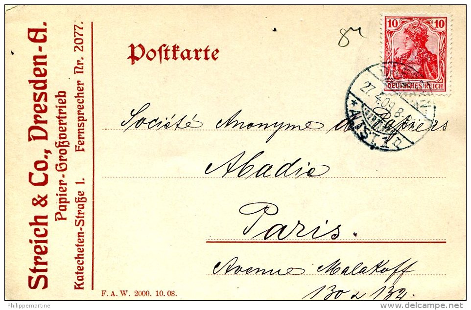 Carte Postale De Dresde à Paris Du 27-4-1909 - Streich &amp; Co à Dresde - Storia Postale