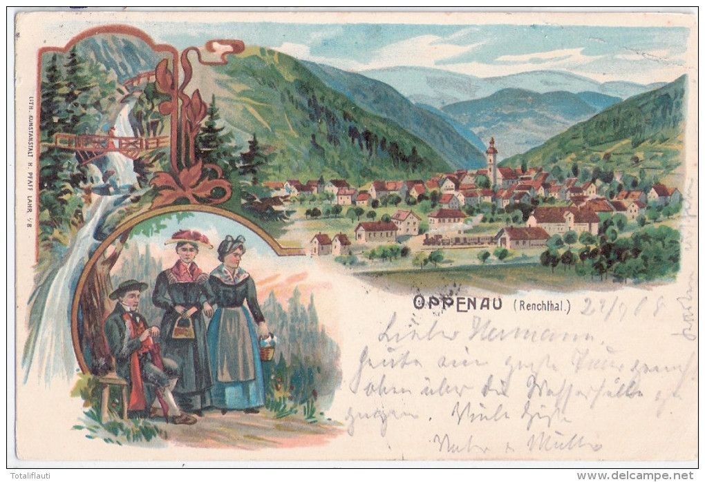 OPPENAU Renchthal Cor Litho Gesamtansicht Personen Schwarzwald Tracht 22.7.1908 Gelaufen - Oppenau