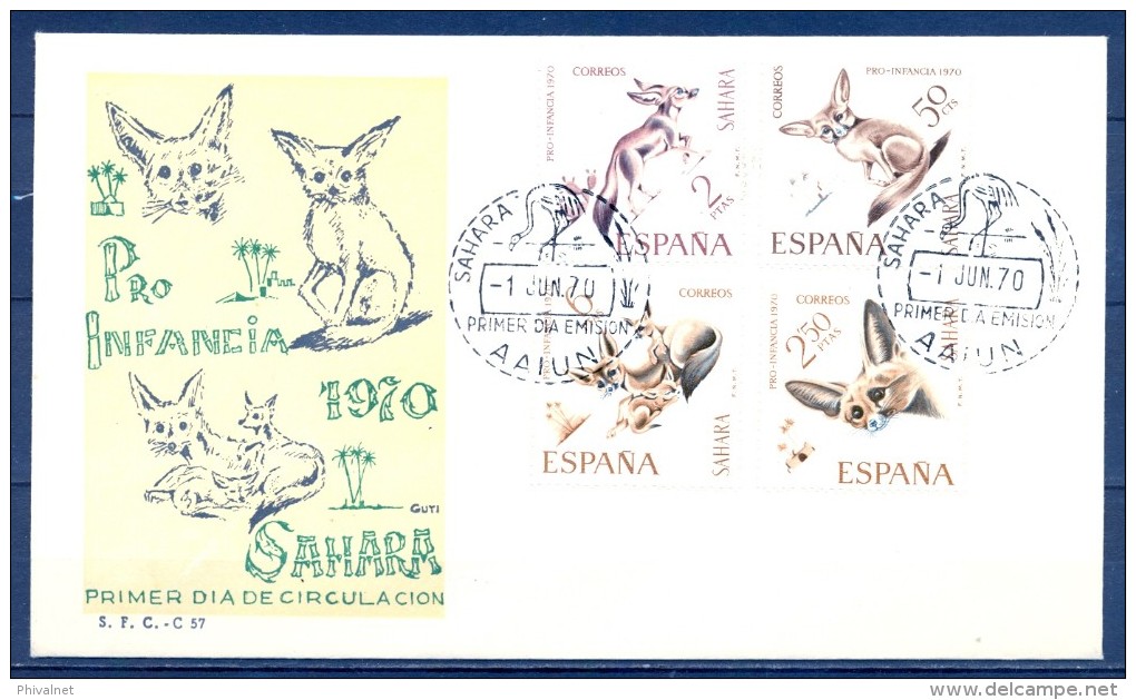 1970 SAHARA , ED. 279 / 282 SOBRE PRIMER DIA , PRO INFANCIA , FAUNA - Sahara Español