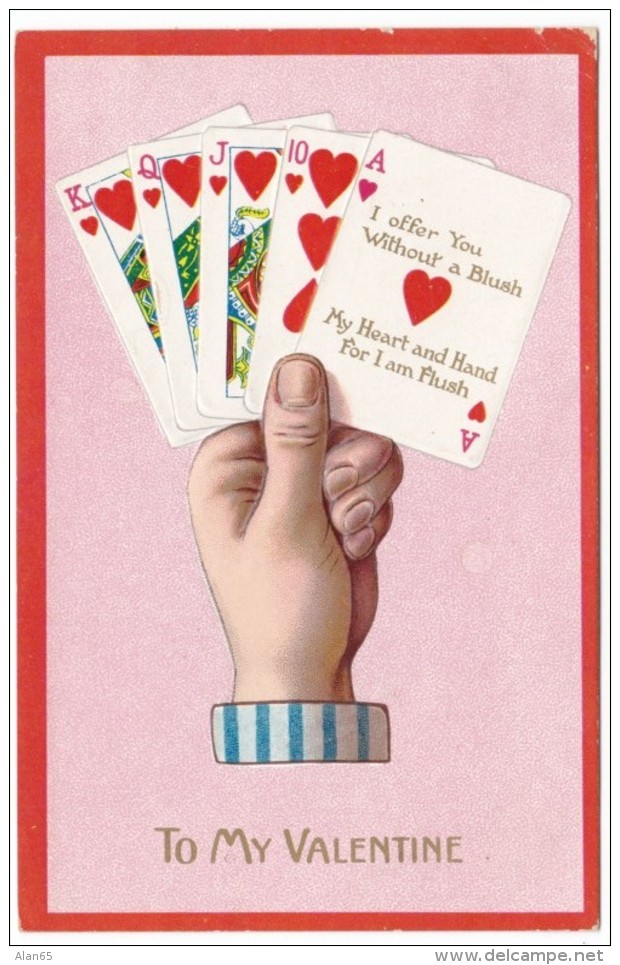 To My Valentine, Royal Flush Hearts Playing Cards, C1900s Vintage Tuck &amp; Sons #5 'Love Tribute' Postcard - Playing Cards