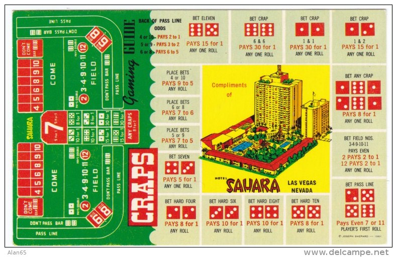 Las Vegas Nevada, Sahara Resort, Dice Gambling , 'Craps' Rules C1950s/60s Vintage Postcard - Playing Cards