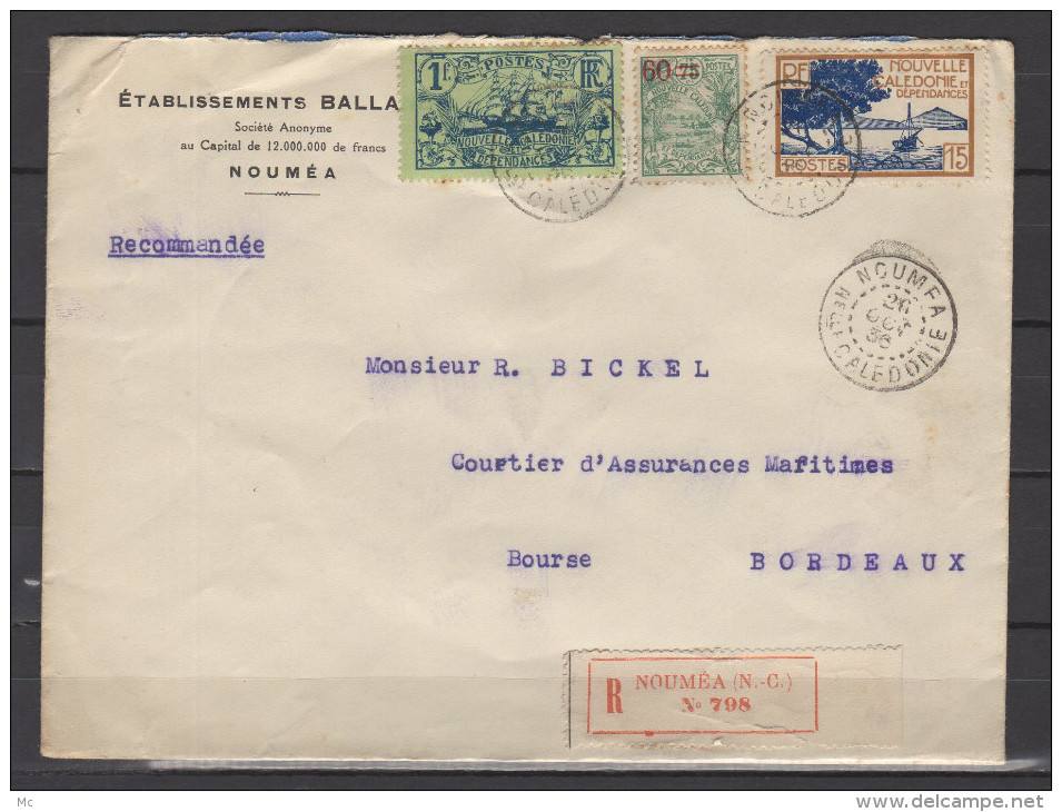 Nouvelle Calédonie - N° 102 , 130 Et 144 Obli/sur Lettre Recommandée De Nouméa Pour Bordeaux - 1936 - Lettres & Documents