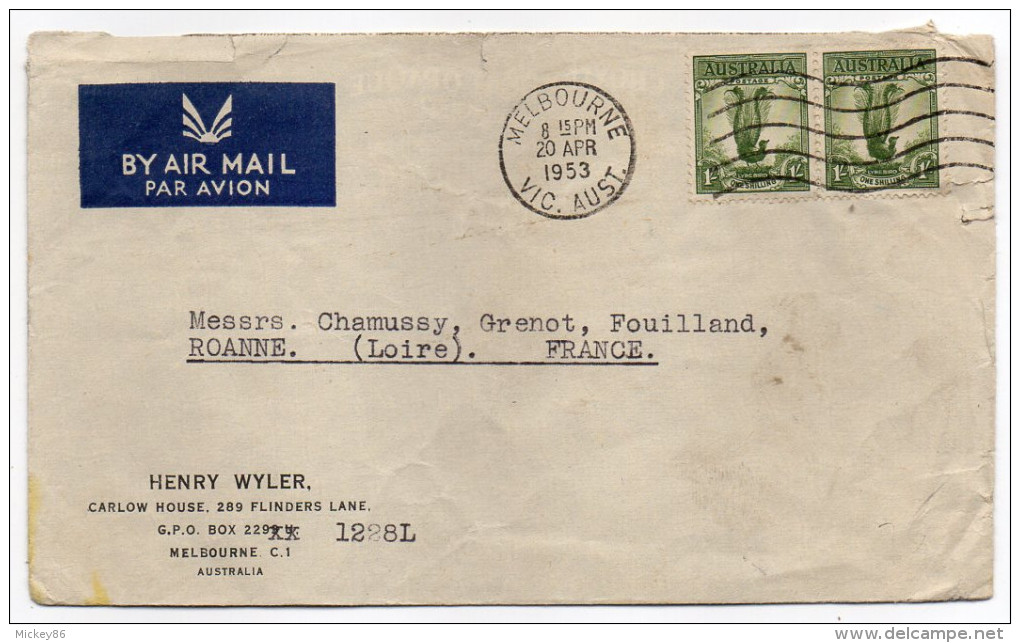 Australie--1953--Lettre De MELBOURNE Pour ROANNE-42-France -Paire Horizontale De Timbres Lyre 1 Sh+ Beau Cachet - Lettres & Documents