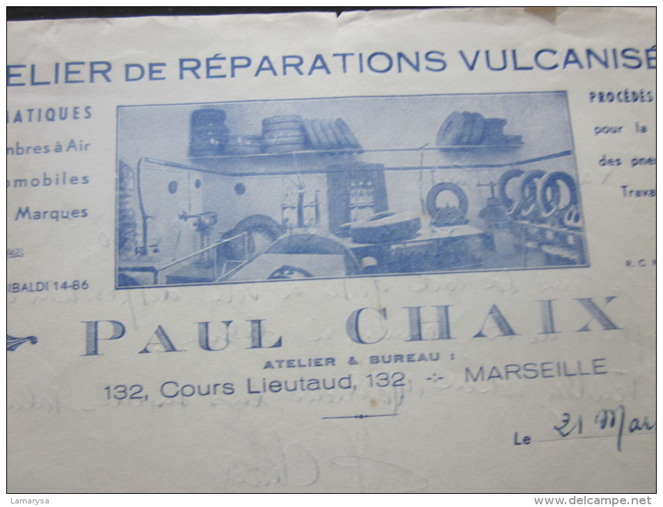 1949 P. CHAIX FACTURE DOCUMENT COMMERCIAL Illustré MARSEILLE ATELIER REPARATION VULCANISATION PNEUMATIQUE  AUTOMOBILE - Autres & Non Classés