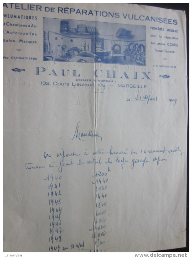 1949 P. CHAIX FACTURE DOCUMENT COMMERCIAL Illustré MARSEILLE ATELIER REPARATION VULCANISATION PNEUMATIQUE  AUTOMOBILE - Andere & Zonder Classificatie