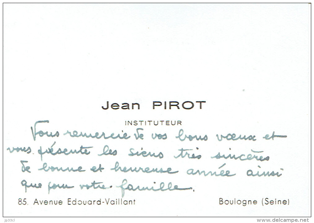 Ancienne Carte De Visite De Jean Pirot, Instituteur Avenue Edouard-Vaillant, Boulogne (Seine) - Visiting Cards