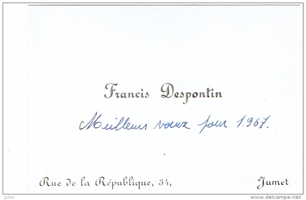 Ancienne Carte De Visite De Francis Despontin, Rue De La République, Jumet, (Belgique) 1967 - Visitekaartjes