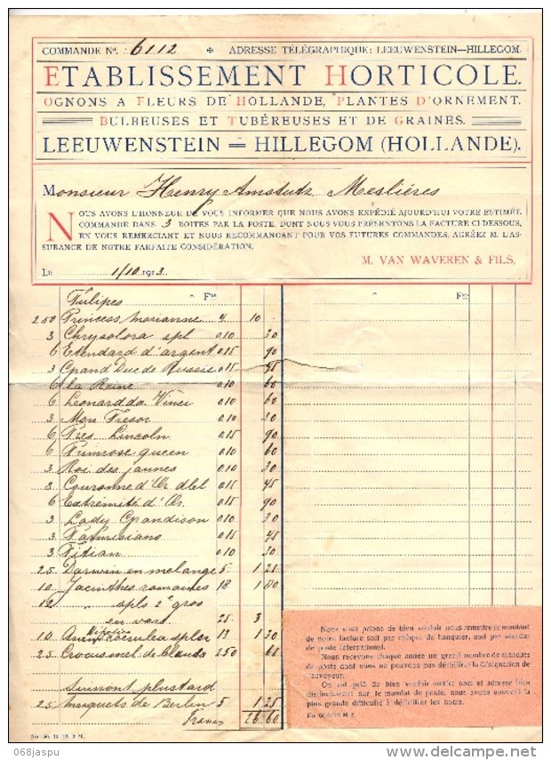 Facture Etablissement Horticole Leeuwenstein  Hillecom - Netherlands