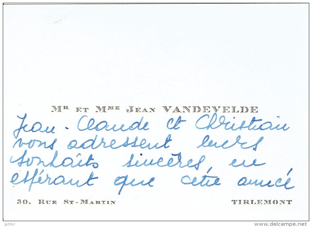 Ancienne Carte De Visite De M. Et Mme Jean Vandevelde, Rue St-Martin Tirlemont Tienen 1965 - Visiting Cards