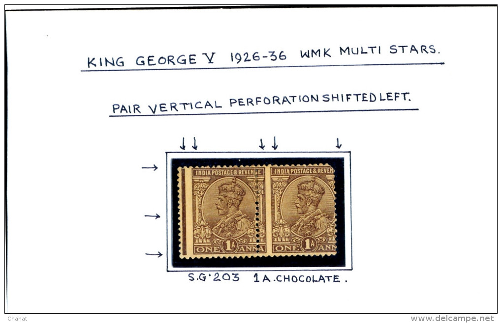 BRITISH INDIA-ERROR-KING GEORGE V-1923-36-WMK-MULTI STARS-PERFORATION SHIFT-PAIR-SG-203-1a-chocolate-MNH-B9-521 - Errors, Freaks & Oddities (EFO)