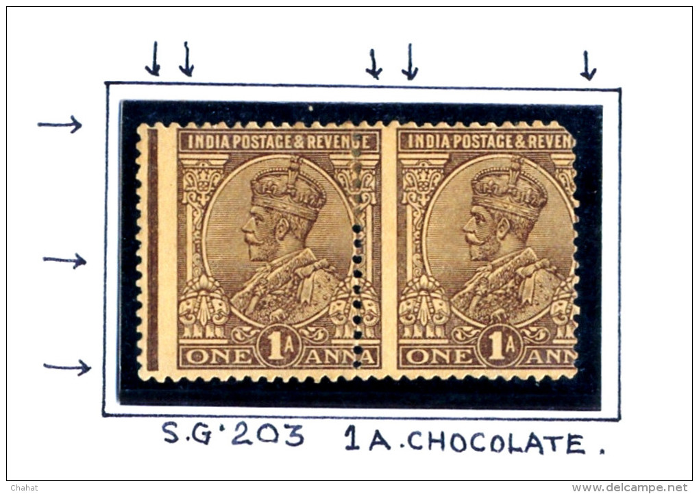 BRITISH INDIA-ERROR-KING GEORGE V-1923-36-WMK-MULTI STARS-PERFORATION SHIFT-PAIR-SG-203-1a-chocolate-MNH-B9-521 - Errors, Freaks & Oddities (EFO)