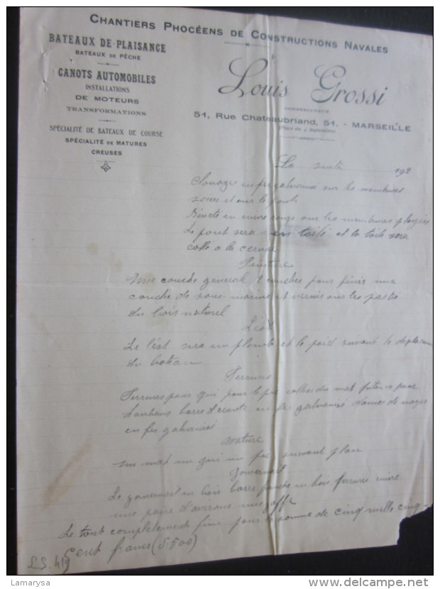 1920 L. GROSSI FACTURE DOCUMENT COMMERCIAL Illustré MARSEILLE CHATEAUBRIAND CHANTIER CONSTRUCTION NAVALES CANOT AUTOMOBI - Autres & Non Classés