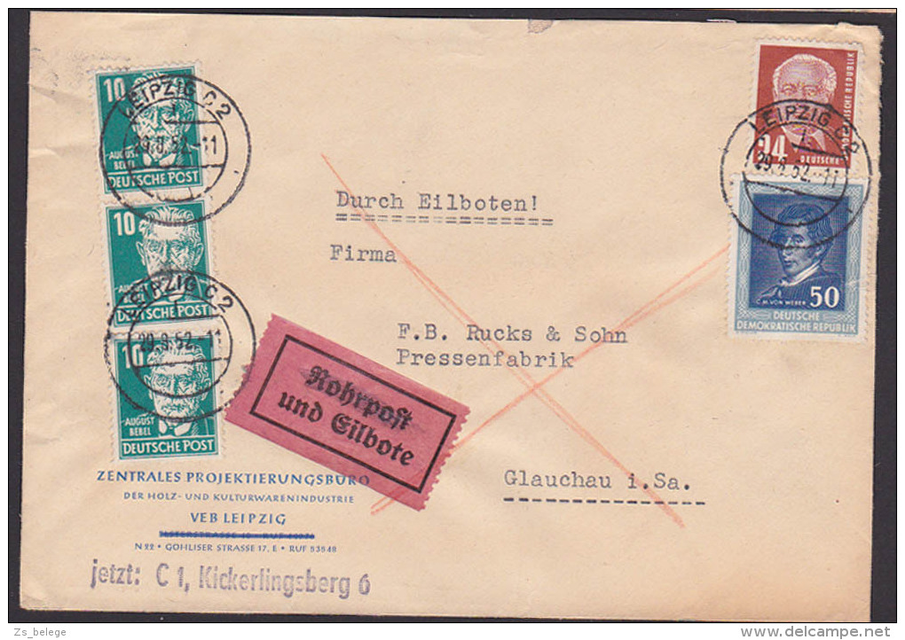 DDR Leipzig Eilpost Mit Rohrpost-Zettel 50 Pf Carl Maria Von Weber (Mke Re. Defekt) 1952 - Otros & Sin Clasificación