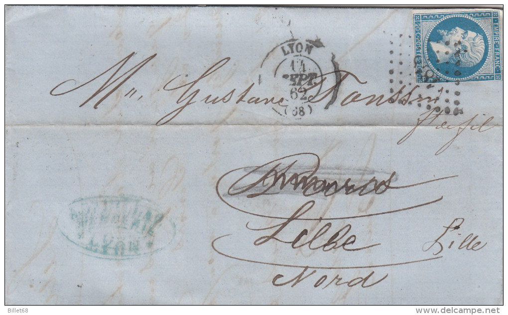 LETTRE Du 14 SEPT 1862   - De LYON  à LILLE  -  Losange Petits Chiffres - 1849-1876: Période Classique