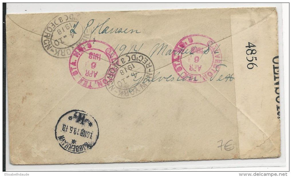 USA - 1918 - ENVELOPPE RECOMMANDEE Avec CENSURE De GALVESTON (TEXAS) Pour COPENHAGUE (DANMARK) - Storia Postale