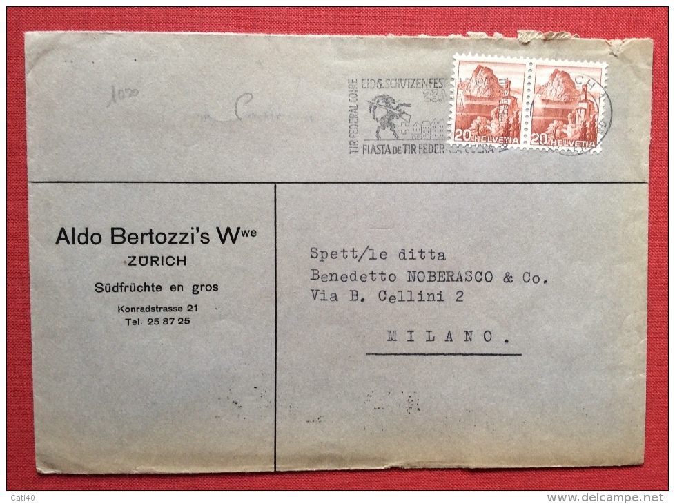 SVIZZERA ZURIGO 1949 FESTA DI TIRO A SEGNO ANNULLO SPECIALE A TARGHETTA SU BUSTA PER MILANO - Tiro (armi)