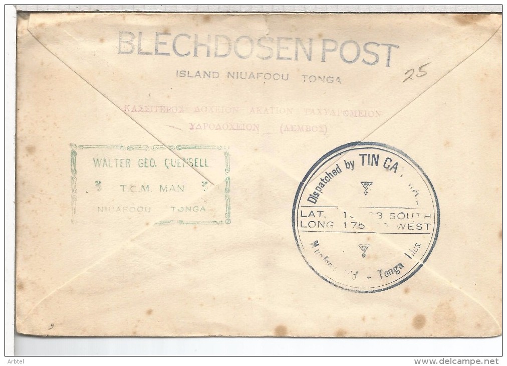 TONGA TOGA CORREO POR LATA TIN CAN MAIL CC A NUEVA ZELANDA 1936 STEAMER MONOWA - Other (Sea)