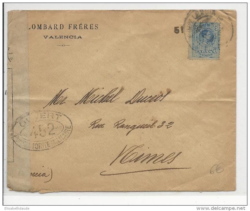 ESPAGNE - 1914/18 - ENVELOPPE Avec CENSURE FRANCAISE De VALENCIA Pour NIMES (GARD) - Cartas & Documentos