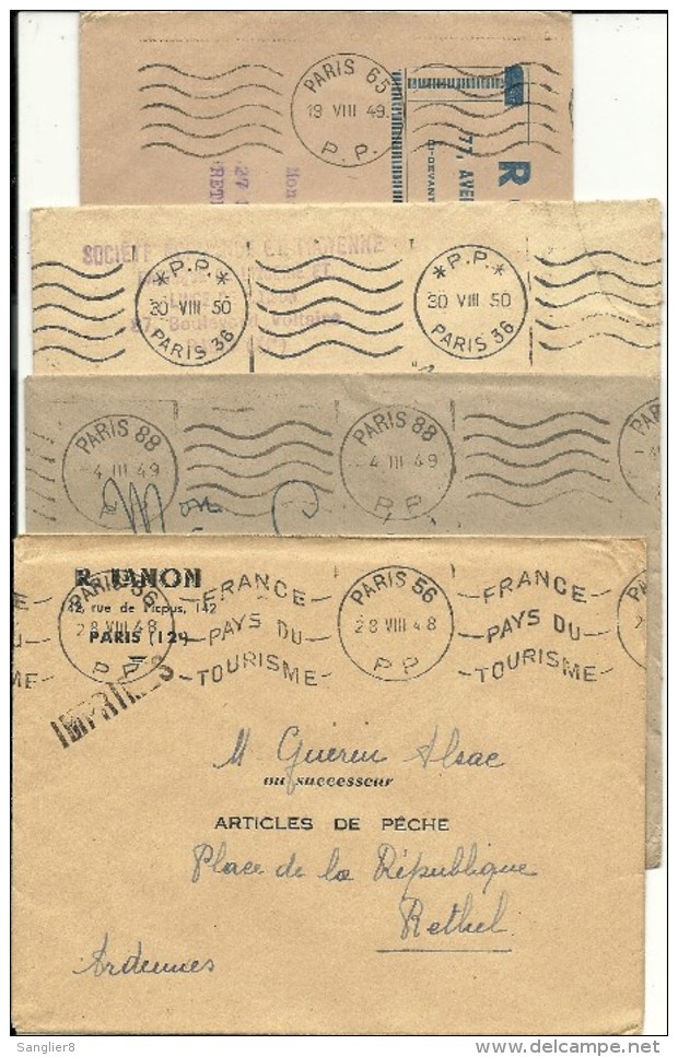 4  ENVELOPPES En PORT PAYE De PARIS  - Pas Courant - Oblitérations Mécaniques (flammes)