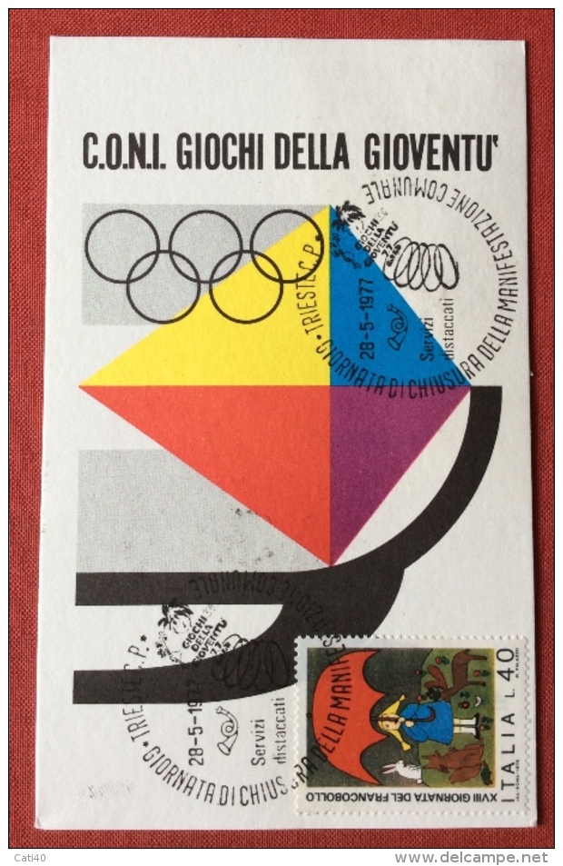 CIOCHI DELLA GIOVENTÙ' 1977 CARTOLINA CON ADESIVO ED ANNULLO SPECIALE  DI TRIESTE - Ginnastica