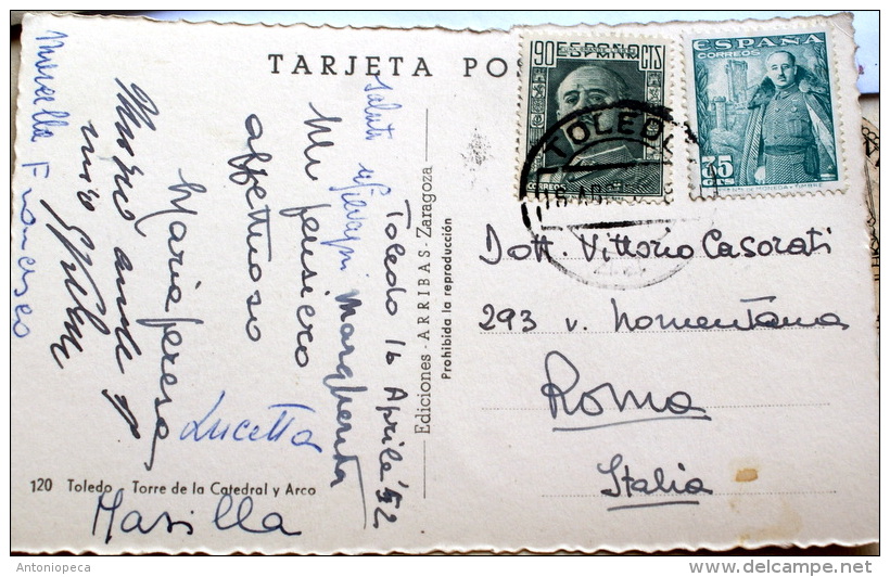 SPAGNA 1952, GEN FRANCO CENT 90 E CENT 75 SU CARTOLINA  VIAGGIATA - Storia Postale