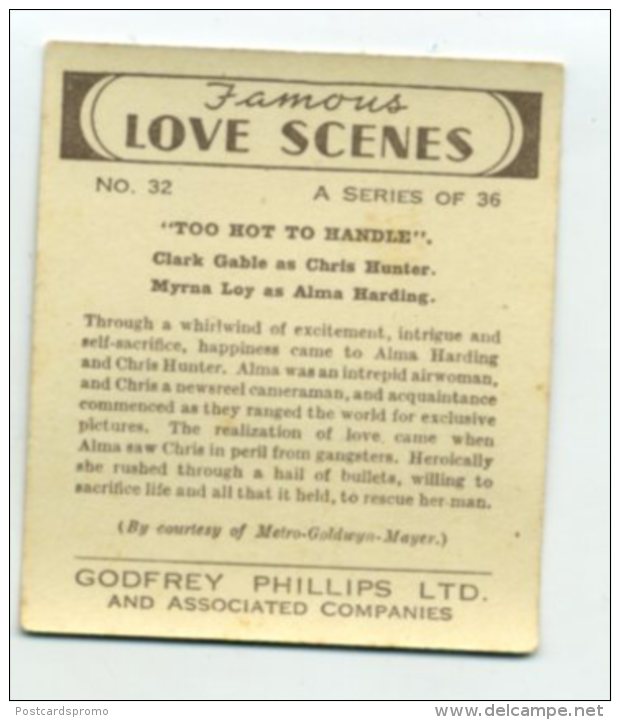 Phillips Vintage Cigarette Card  " FAMOUS LOVE SCENES "  # 32    (MINT CONDITION)   (2 Scans) (005) - Phillips / BDV