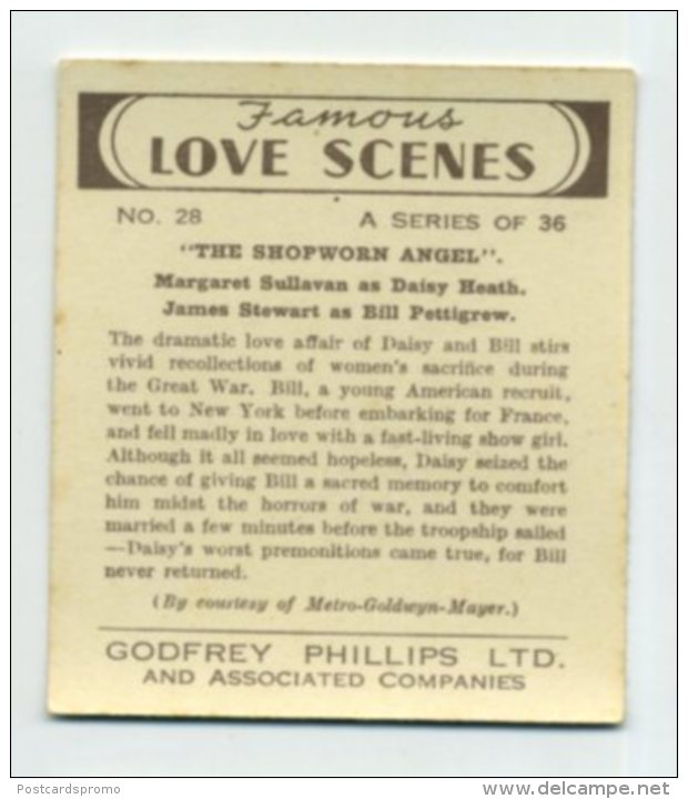 Phillips Vintage Cigarette Card  " FAMOUS LOVE SCENES "  # 28    (MINT CONDITION)   (2 Scans) (007) - Phillips / BDV
