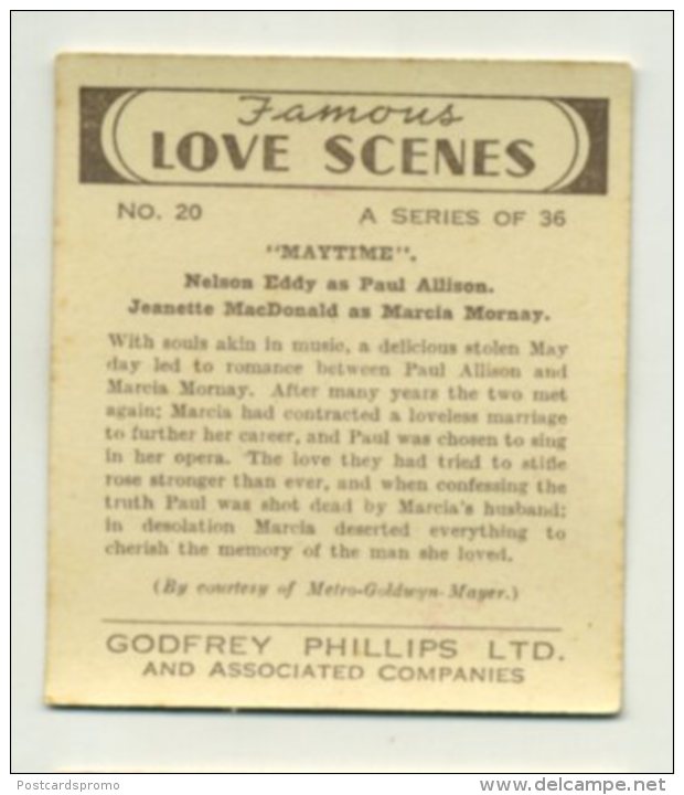 Phillips Vintage Cigarette Card  " FAMOUS LOVE SCENES "  # 20    (MINT CONDITION)   (2 Scans) (009) - Phillips / BDV