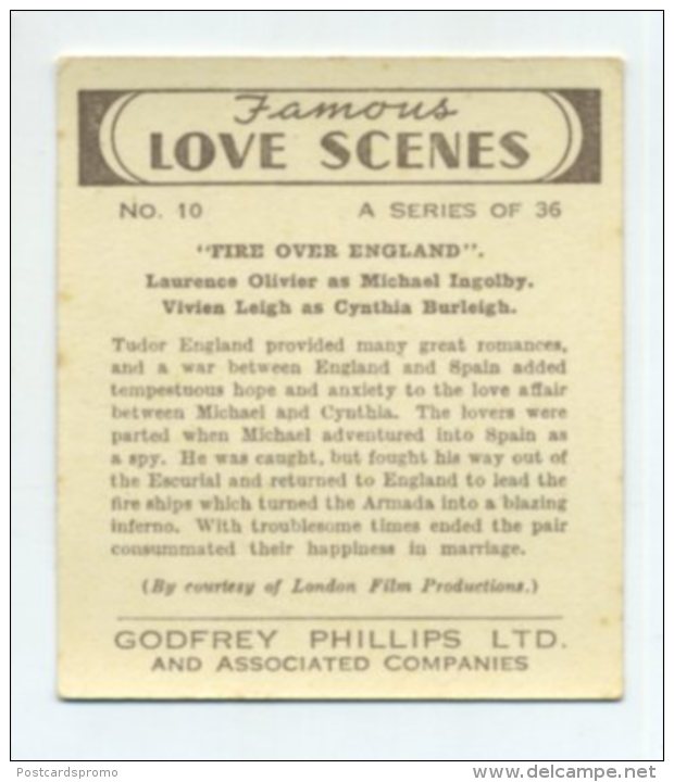 Phillips Vintage Cigarette Card  " FAMOUS LOVE SCENES "  # 10  (MINT CONDITION)   (2 Scans) (013) - Phillips / BDV