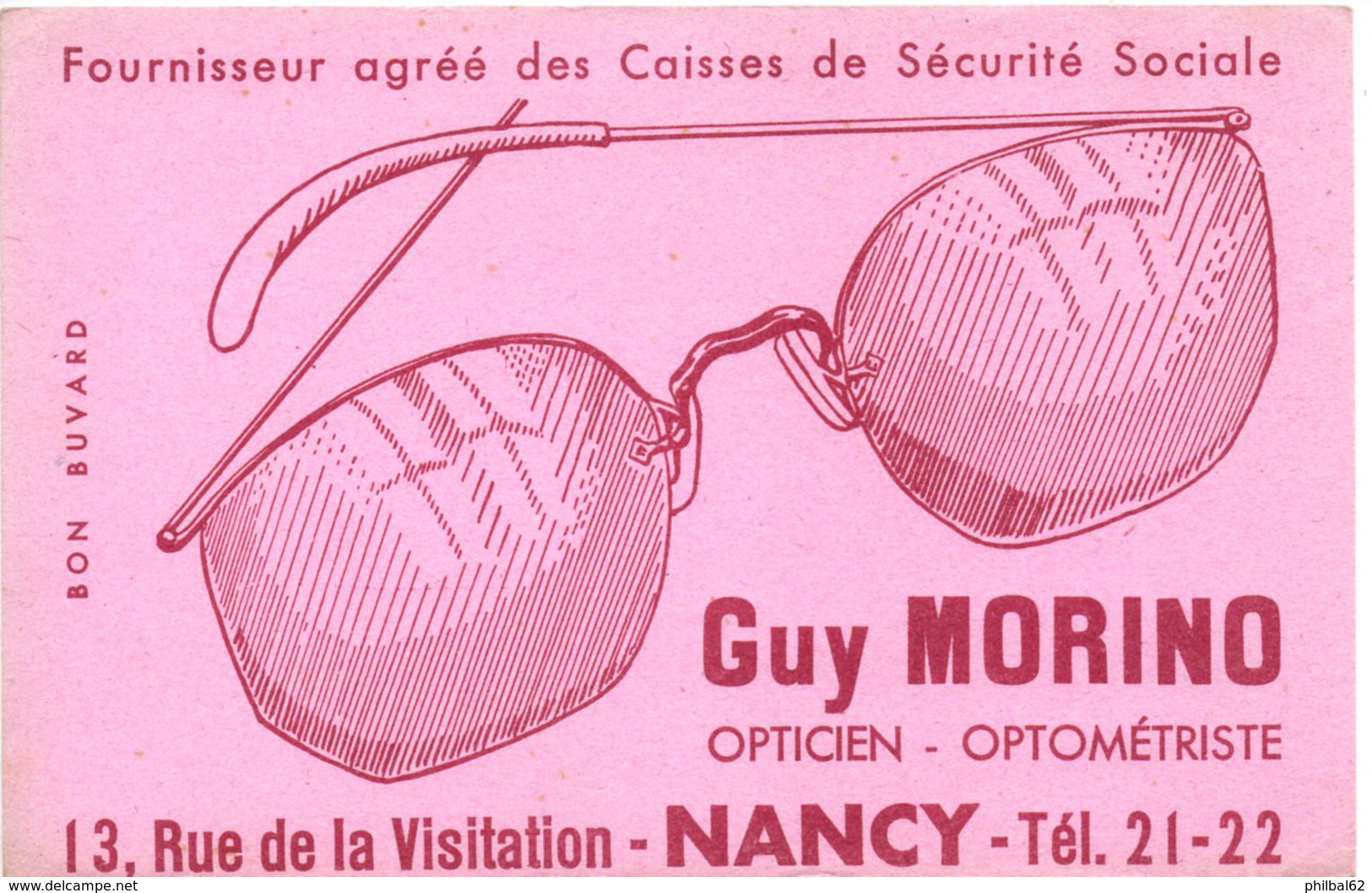 Buvard  Guy Morino, Opticien,  Rue De La Visitation à Nancy. Lunettes. - O