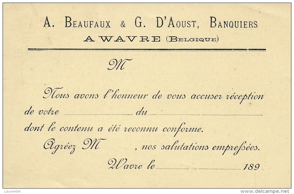WAVRE. BANQUIERS.   A. BEAUFAUX & G. D'AOUST. - Wavre