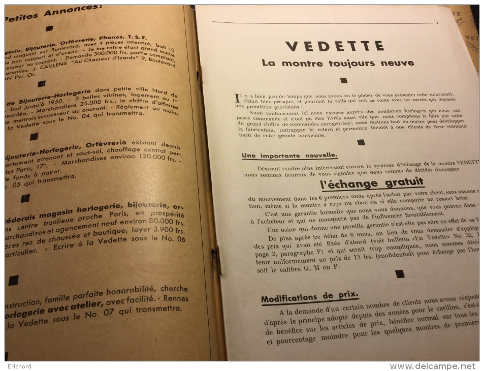 1934 - Horloges Carillon VEDETTE - Lot de 3 bulletins pour les professionnels dont un catalogue