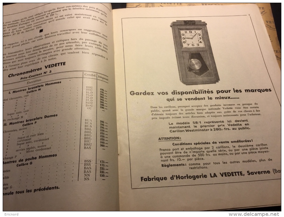 1934 - Horloges Carillon VEDETTE - Lot de 3 bulletins pour les professionnels dont un catalogue