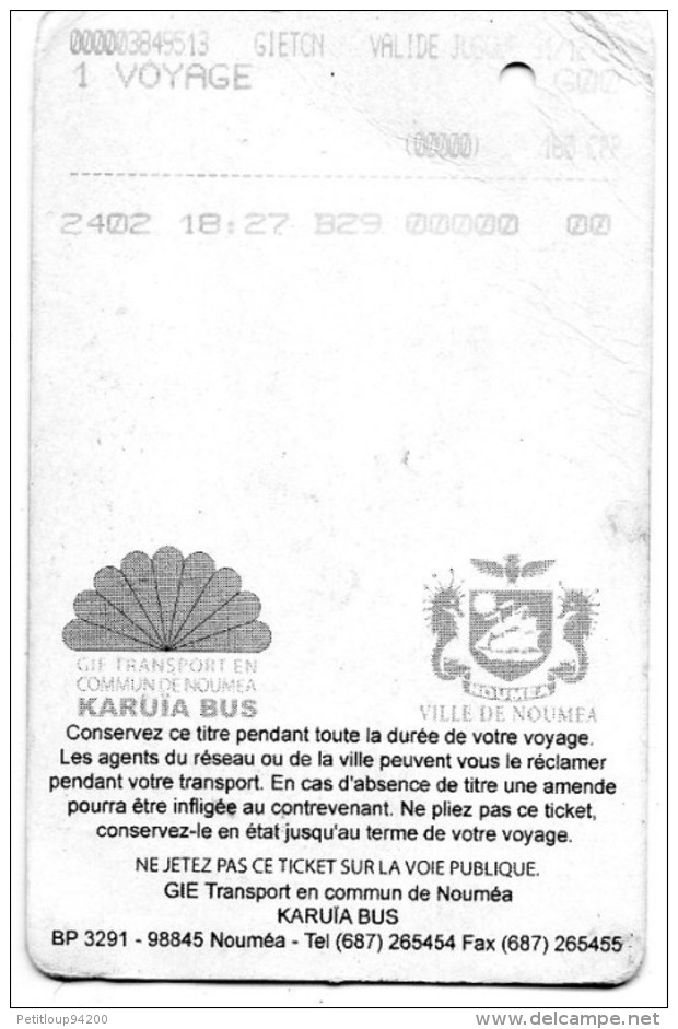 TICKET BUS  FRANCE  NOUVELLE -CALEDONIE  KARUIA BUS  Librairie PENTECOST - Mundo