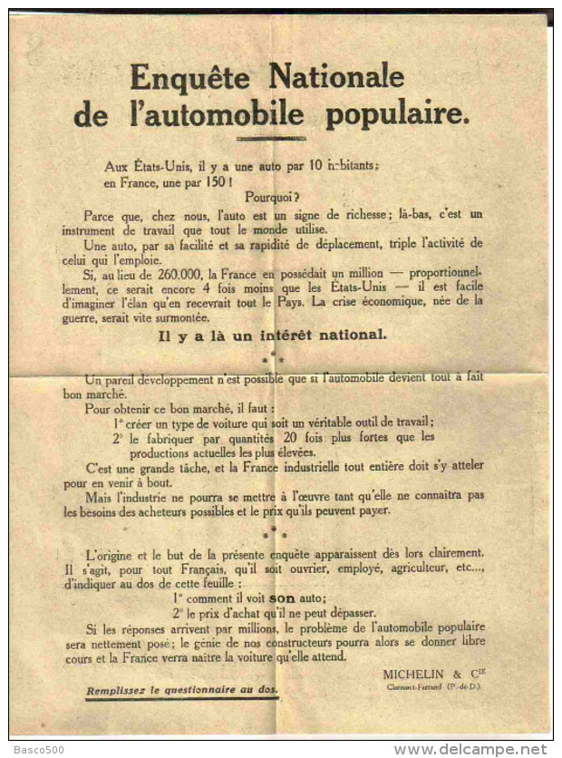 1923 MICHELIN - Rare Questionnaire Complet Enquete Nationale Auto Populaire - Automobile