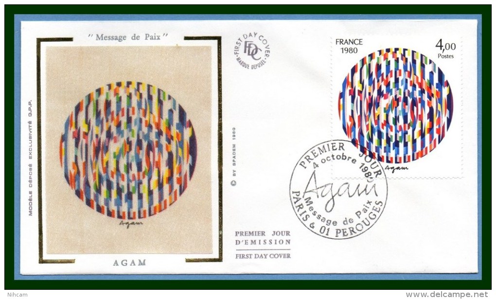 FDC Silk Soie Agam " Message De Paix " Paris & Perouges 1980 N° 2113 - 1980-1989