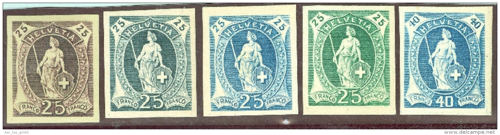 Schweiz Stehende Helvetia 1907 5 Pariser Essais Dickes Papier Nachdrucke (Probedruck) - Unused Stamps