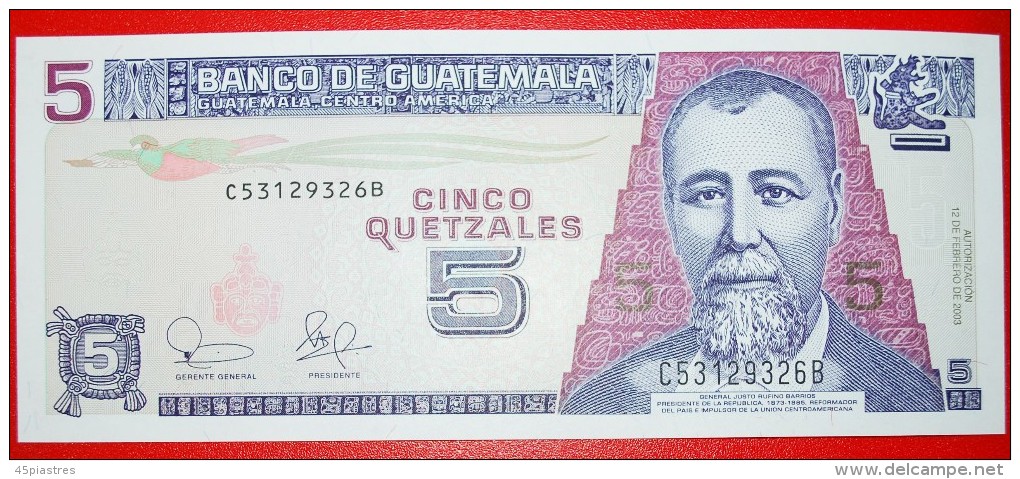 § BIRD: GUATEMALA &#9733; 5 QUETZALES 2003 UNC CRISP! LOW START&#9733;NO RESERVE! J.R. Barrios (1873-1885) - Guatemala