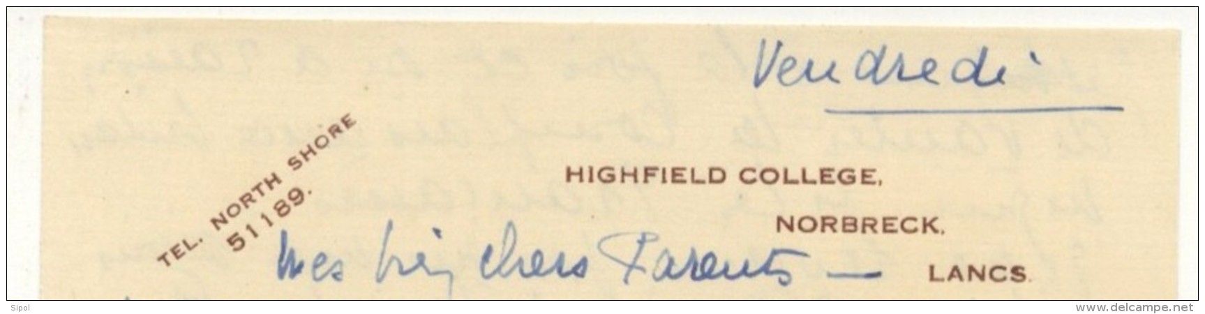 Lettre à Entête Highfield College ,  Norbreck Lancs  1935 Enviton BE - Royaume-Uni