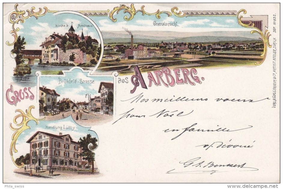 Aarberg, Gruss Aus - Litho - Kirche U. Amthaus, Brückfeld-Strasse, Handlung Lüthy - Aarberg