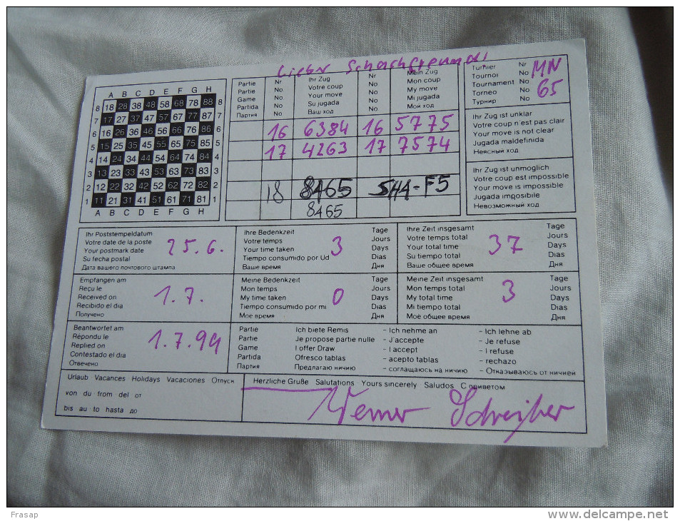 ECHECS - CHESS - SCHACH - Carte Joyeux -SCACCHI -Chess Correspondence -cartolina Di Gioco -GERMANIA -ITALIA 1999 N°15 - Schaken