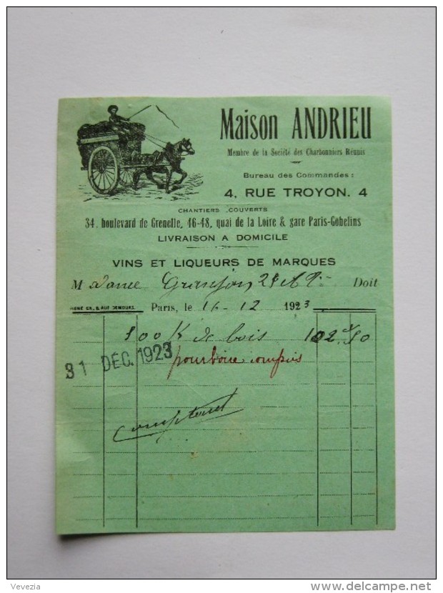 1923.FACTURE, " MAISON ANDRIEU",VINS ET LIQUEURS DE MARQUES,RUE TROYON,PARIS, - Alimentaire