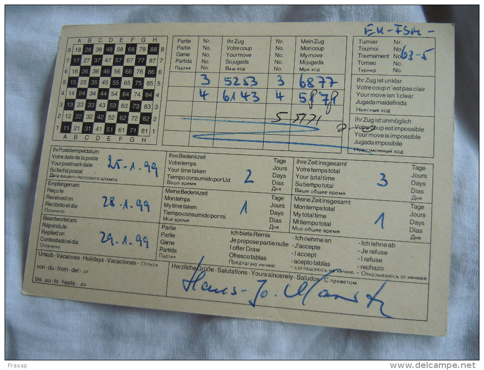 ECHECS - CHESS - SCHACH - Carte Joyeux -SCACCHI -Chess Correspondence -cartolina Di Gioco -GERMANIA -ITALIA 1999 N°22 - Schaken