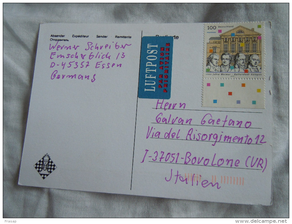 ECHECS - CHESS - SCHACH - Carte Joyeux -SCACCHI -Chess Correspondence -cartolina Di Gioco -GERMANIA -ITALIA 1999 N°23 - Chess