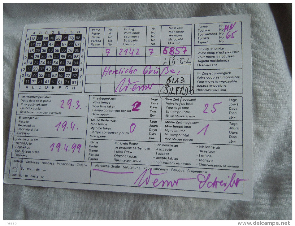 ECHECS - CHESS - SCHACH - Carte Joyeux -SCACCHI -Chess Correspondence -cartolina Di Gioco -GERMANIA -ITALIA 1999 N°27 - Schach