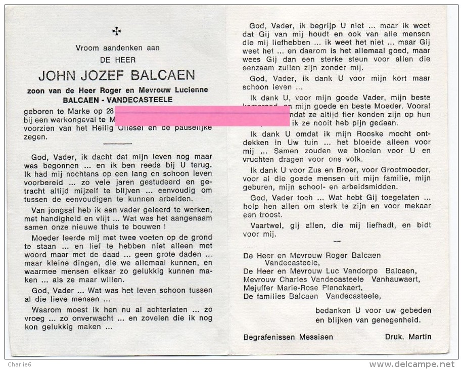 Balcaen John Jozef Balcaen Vandecasteele Vandorpe Vanhauwaert Planckaert Marke Bidprentje Doodsprentje - Religione & Esoterismo