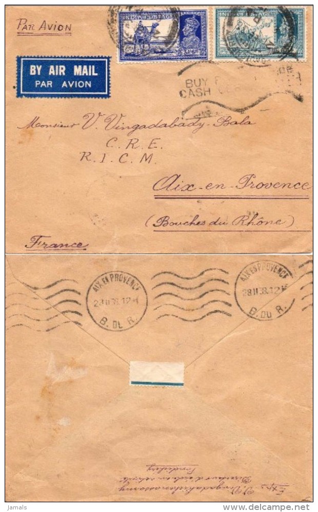 Br India King George VI, Used In Pondichery, French India, Slogan Postmark, Sent To France Inde Indien - Briefe U. Dokumente